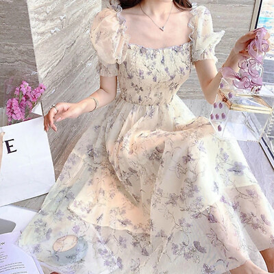 #ad Floral Party Dress Chiffon Long Dress Elegant Short Sleeve Fairy Dresses Women $14.18