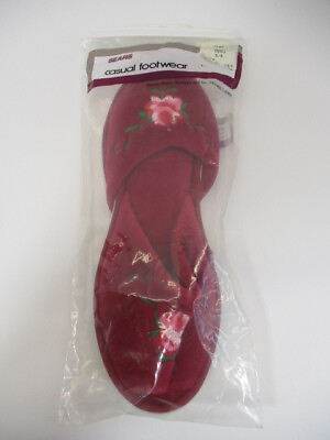#ad Vtg Sears Roebuck Red Women#x27;s Slippers Flowers Open Back Small 5 6 NIP New USA $16.95