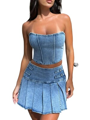 #ad Sexy Denim Skirt Sets Women Strapless Crop Tops And Mini Skirt Ladies Fashion C $29.74