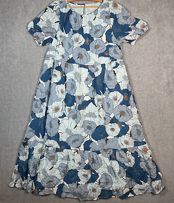 Loft Maxi Dress M Blue Flower Print Short Sleeve Tiered Ruffle Prairie Crinkle $28.91