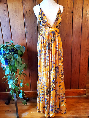 FASHION NOVA Women#x27;s Medium Maxi Dress MERIGOLD YELLOW FLORAL Long Flowy Chiffon $11.55