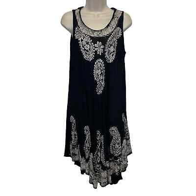 #ad Hippie boho rayon summer dress asymmetrical hem black embroidered women one size $21.88