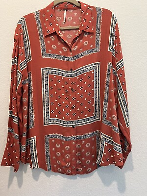 #ad Free People Bandanna Print Button Front Shirt Oversized S Boho Hippie Western $24.99