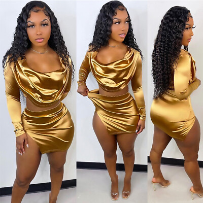 Fashion Women#x27;s Gold Shinny Shirt and Skirt Sets Two piece Club Party Mini Dress $20.89