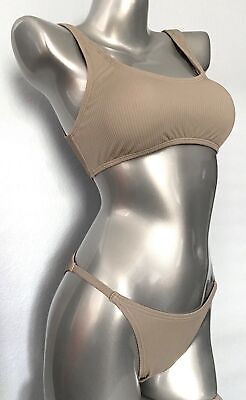 #ad Calvin Klein Swimwear Women#x27;s Nwt Beige Ribbed Swim Bikini Top amp; Bottom Set $19.99