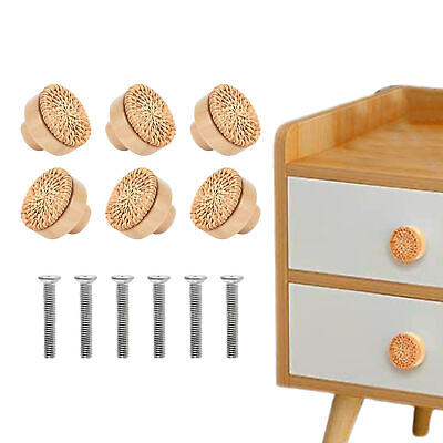 #ad 6pcs Boho Rattan Dresser Knobs Round Wood Drawer Handmade Wicker Woven Knob Tool $15.91