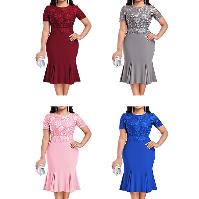 #ad Plus Size Wedding Guest Dress Women Embroidery Lace Short Sleeve Cocktail Dress $23.71