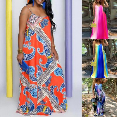 #ad Plus Size Women Summer Beach Baggy Sundress Boho Long Strappy Loose Maxi Dress $27.89