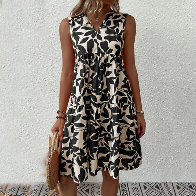 #ad Womens Ruffle Dress Boho Sleeveless Beach Plant Print V Neck Holiday Mini Dress $19.25