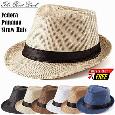 Unisex Straw Fedora Panama Hat Summer Sun Short Brim Floral Trilby Cuban Cap Hat $12.88