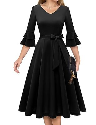 #ad #ad Cocktail Dress for Women Elegant amp; Chic V Neck Double Bell Sleeve Medium Black $60.19