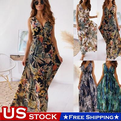 #ad Womens Summer Boho Floral Long Maxi Dress Ladies V Neck Holiday Dresses Sundress $20.42