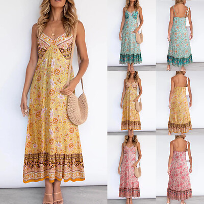 #ad Womens Sexy Cami Strappy Maxi Dress Summer Boho Floral Beach Holiday Sundress US $19.94