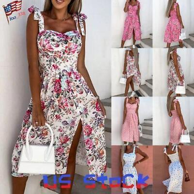 #ad Womens Boho Floral Strappy Sexy Midi Dress Ladies Summer Holiday Beach Sundress $10.75