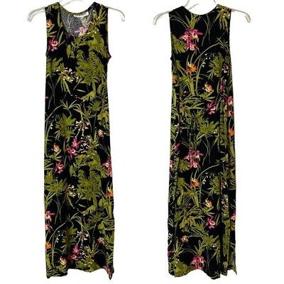 #ad #ad Windridge Cheryl Nash Dark Floral Tropical Rayon Linen Long Maxi Dress Small $19.99