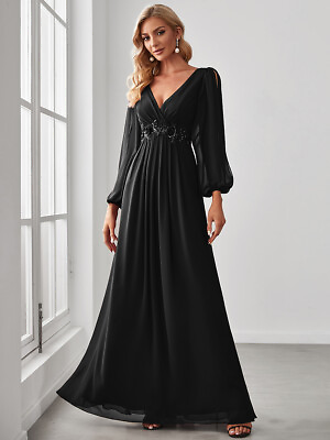 #ad Elegant Chiffon V Neckline Long Sleeve Formal Evening Dress $85.49