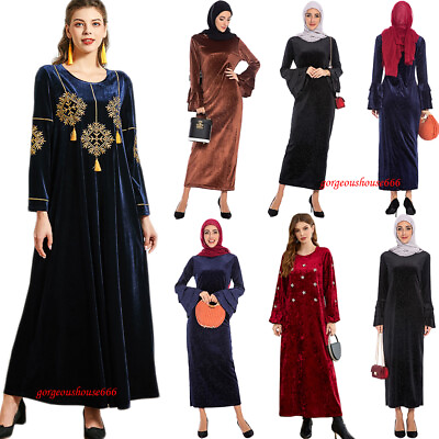 #ad Ramadan Abaya Velvet Long Sleeve Maxi Dress Muslim Women Kaftan Robe Dubai $43.68