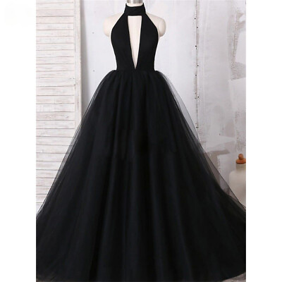 #ad A Line Halter Evening Gown Deep V Neck Elegant Sleeveless Wedding Evening Dress $116.90