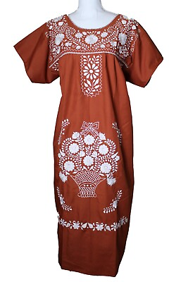#ad Burnt Orange White Mexican Dress Tunic Boho Hand Embroidered Puebla Dress $29.99