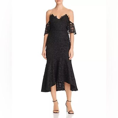 #ad NWT SAU LEE Lace Off Shoulder Cocktail Black Asymmetric Midi Dress Sz 4 $420.00