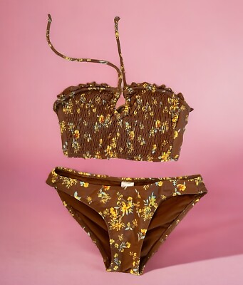 #ad Xhilaration Brown Floral Bikini Women’s Size Top Sm bottoms med No Pads $17.99