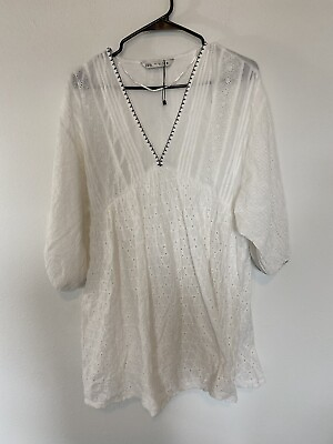#ad #ad ZARA White Embroidered Textured Boho Dress Size Small White Womens Puff Sleeves $32.99