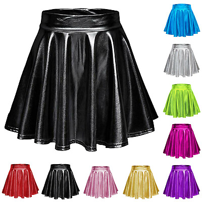 #ad #ad Metallic Pleated Skirt Skater Skirt Flared Short Shiny Liquid Wet Look Sexy $18.85
