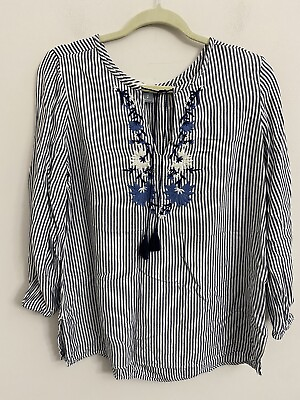 #ad Old Navy Womens Top Peasant Floral Embroidered 3 4 Sleeves Boho Tassels $6.89