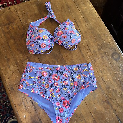 #ad California Waves Swimsuit Bikini 2 piece Set Sz L Purple Floral Push Up $12.00