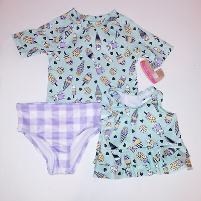 #ad Lily amp; Dan Girls 3 Piece Swim Set Bikini Rash Guard Short Sleeve Ice Cream Check $35.99