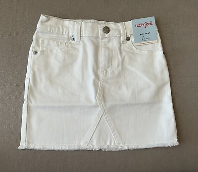#ad Cat amp; Jack Jean Skirt Girls Small 6 6x White Midi Fringe Denim Stretch $18.00