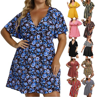 #ad Women#x27;s Large Size Polka Dot Chiffon V Neck Short Sleeve Casual Summer Dresses $19.39