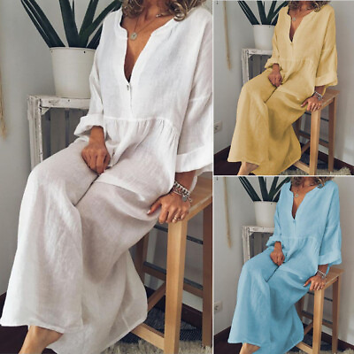 Women Cotton Linen Casual Loose Dress Ladies Kaftan Plus Size Long Maxi Sundress $23.79