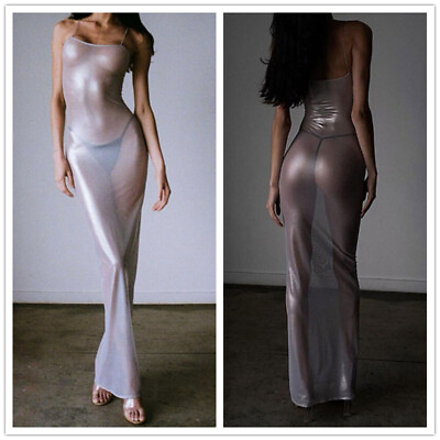 #ad Womens Sexy Maxi See Through Dress Party Bodycon Clubwear Sheer Cocktail Dresses $18.19