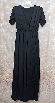 Women#x27;s Solid Black Maxi Length Polyester V Neck Dress Elastic Waist Size Small $16.00