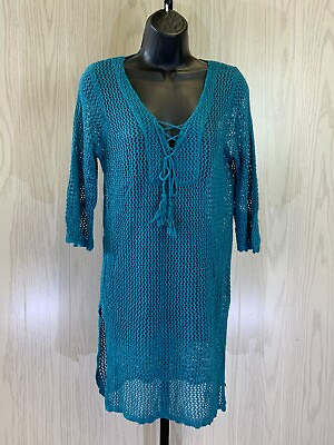 #ad Women#x27;s V Neck Lace Up 3 4 Sleeve Knit Swim Cover Up One Size Teal NEW $15.99