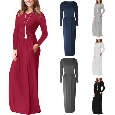 #ad Long Maxi Dresses Baggy T shirt Dress Round Neck Floor Length Skirt with Pockets $29.54