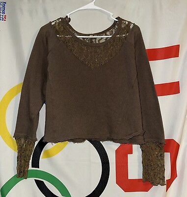#ad Free People Top Womens Small Brown Long Sleeve Lace Boho Cropped $14.97