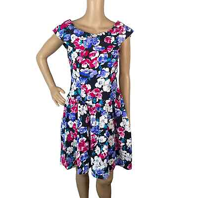 #ad Vtg 80s S M Floral Boat Neck Cap Sleeve Fit amp; Flare Garden Party Dress $35.00