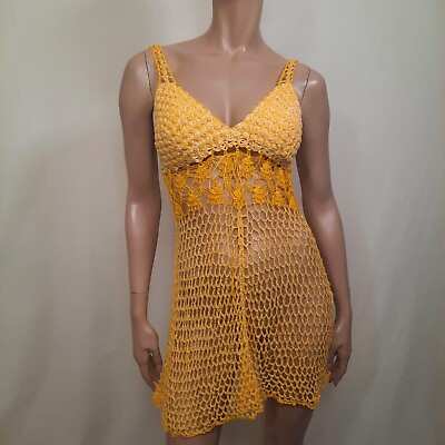 #ad Vintage Yellow Crochet Mini Dress S Boho Festival Beach Cover Up Sleeveless C $40.00