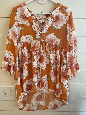Orange Floral Swimsuit Cover Up Dress V Neck Up Sz L $12.00