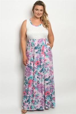 #ad Womens Plus Size Pink Floral Maxi Dress 1XL Lace Accent $29.95