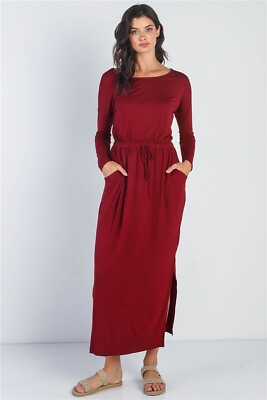 Burgundy Long Sleeve Basic Maxi Dress Elastic Drawstring Waist Size M $31.50