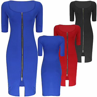 #ad Party Women#x27;s Cocktail Dress Club Sexy Bodycon Midi Long 3 4 Sleeve Zipper Dress $16.99