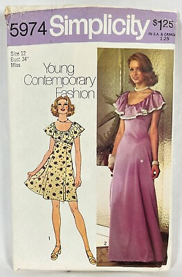 Vtg Simplicity Sewing Pattern 5974 70s Mini or Maxi Peasant Dress Sz 12 Complete $8.00