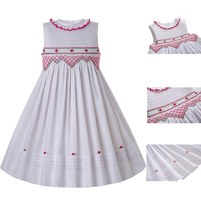 #ad Girls Smocked Dress Size 2 3 4 5 6 8 10 White Embroidered Flower Sleeveless $36.00