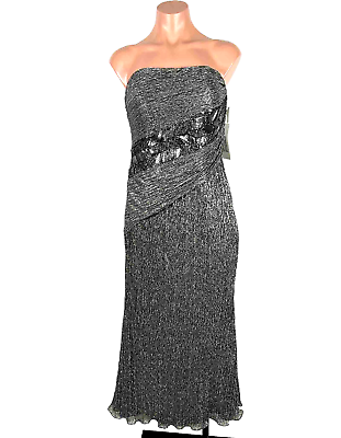 #ad Rene Ruiz Neiman Marcus Silver Sequin Cocktail Dress Midi Pleated Metallic Lame $500.00