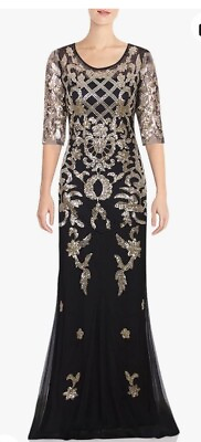 #ad Vijiv Shiny Gold Sequins M Formal Evening Gown Maxi 3 4 Sleeve Black Dress $89.00