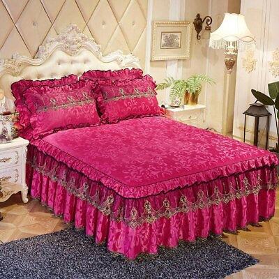 #ad 3pcs Skirt Bed With Pillowcase Thicken Bed Skirt Bedding Heavy Sheet Lace Single $326.18