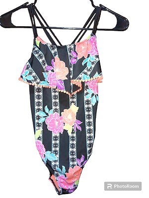 #ad Wonder Nation Girls 14 16 Plus Black Floral One Piece Swimsuit $11.99